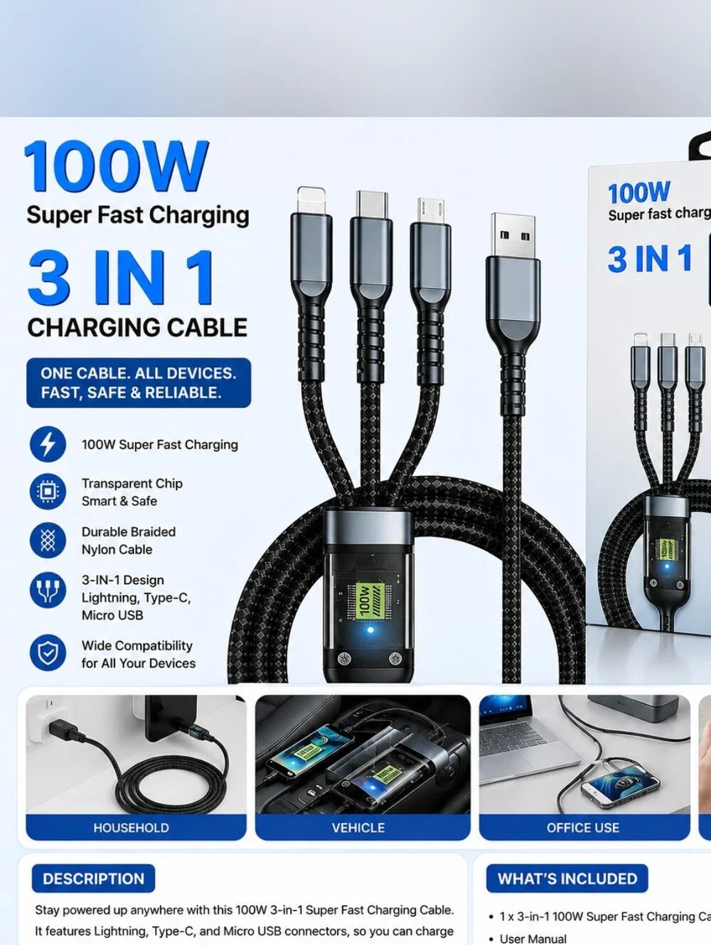 100W 3-in-1 Super Fast Charging Cable – Lightning, Type-C & Micro USB – NEW